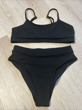 Shein Ribbed Textured Black Two-Piece High Cut High Waisted Bikini Set sz Medium